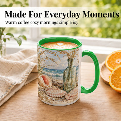 #pl[15oz|Green] Sea Oats Seashell Coffee Mug, Coastal Bottle Mug, Ceramic Cup