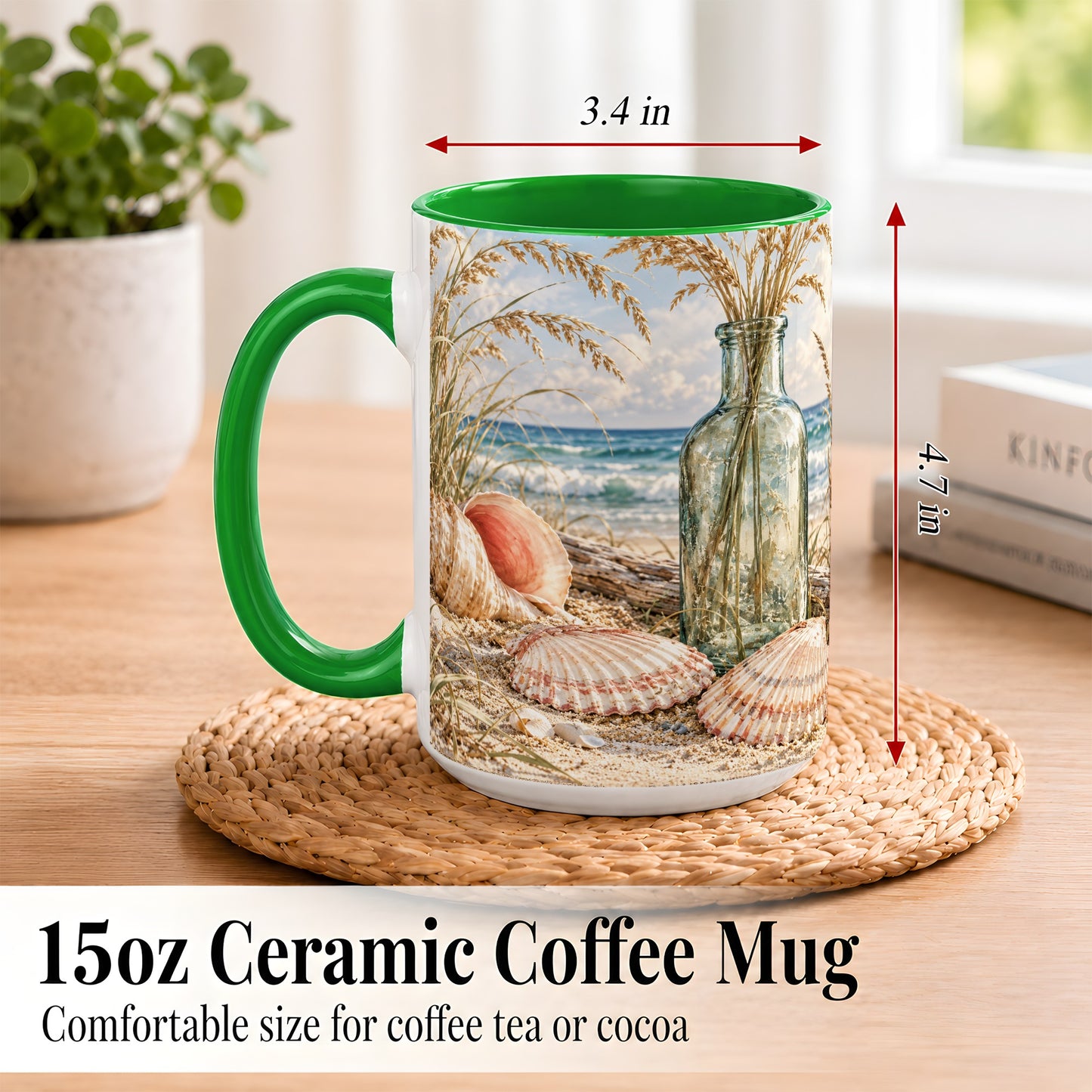 #pl[15oz|Green] Sea Oats Seashell Coffee Mug, Coastal Bottle Mug, Ceramic Cup