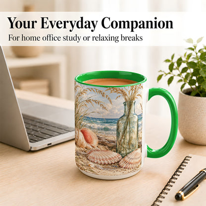 #pl[15oz|Green] Sea Oats Seashell Coffee Mug, Coastal Bottle Mug, Ceramic Cup