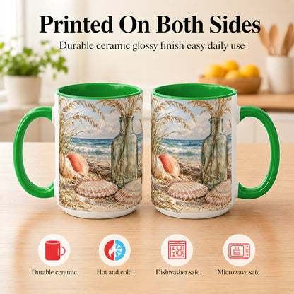 #pl[15oz|Green] Sea Oats Seashell Coffee Mug, Coastal Bottle Mug, Ceramic Cup