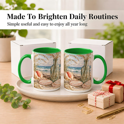 #pl[15oz|Green] Sea Oats Seashell Coffee Mug, Coastal Bottle Mug, Ceramic Cup