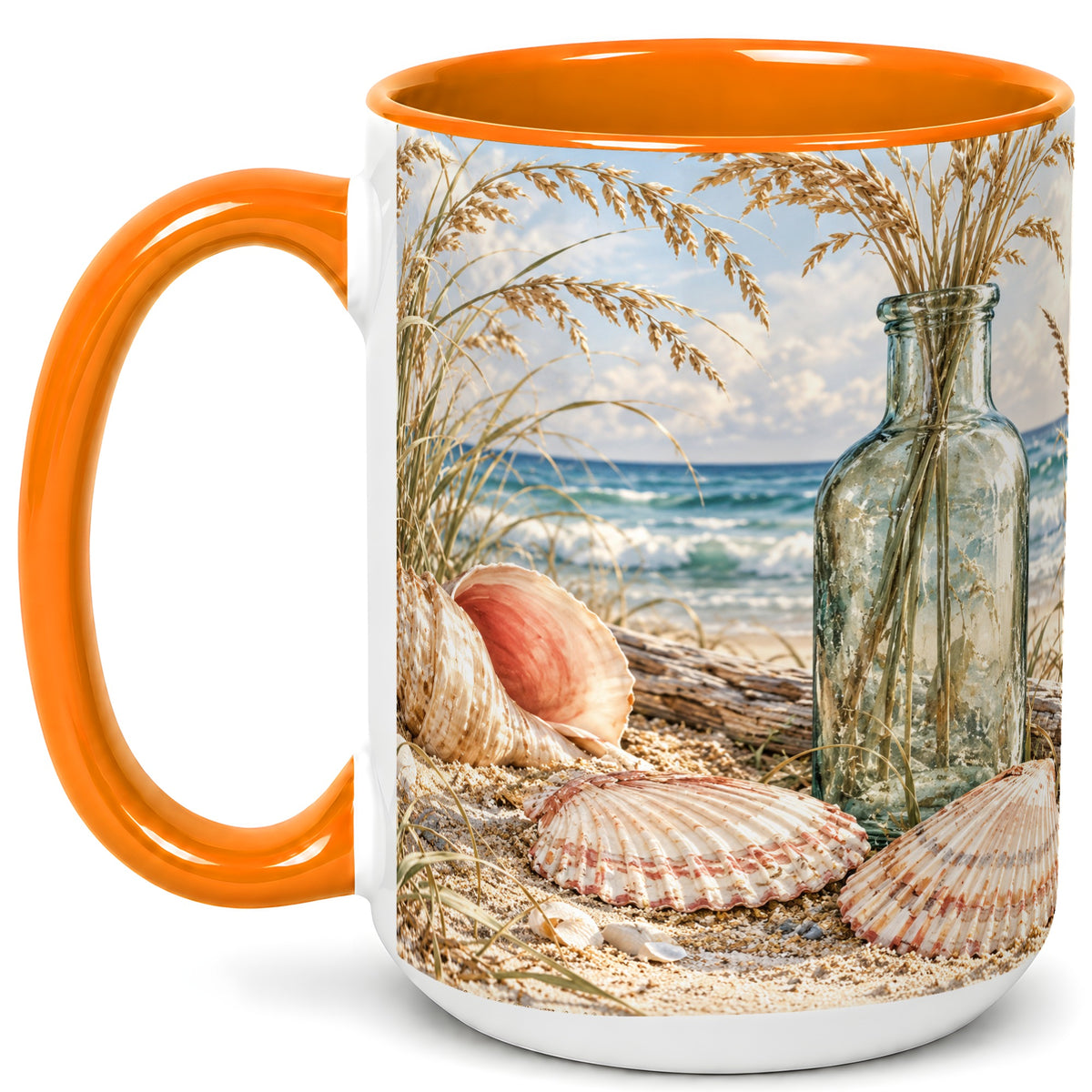 #pl[15oz|Orange] Sea Oats Seashell Coffee Mug, Coastal Bottle Mug, Ceramic Cup
