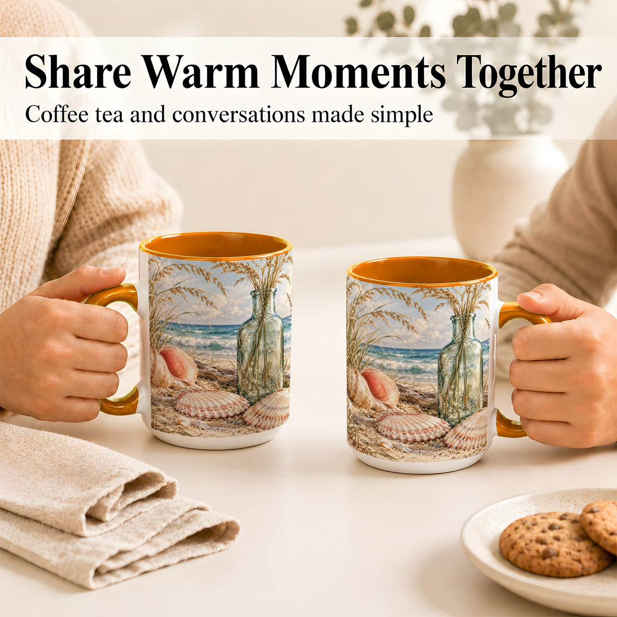 #pl[15oz|Orange] Sea Oats Seashell Coffee Mug, Coastal Bottle Mug, Ceramic Cup