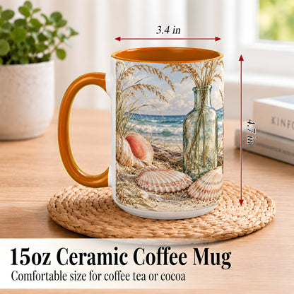 #pl[15oz|Orange] Sea Oats Seashell Coffee Mug, Coastal Bottle Mug, Ceramic Cup
