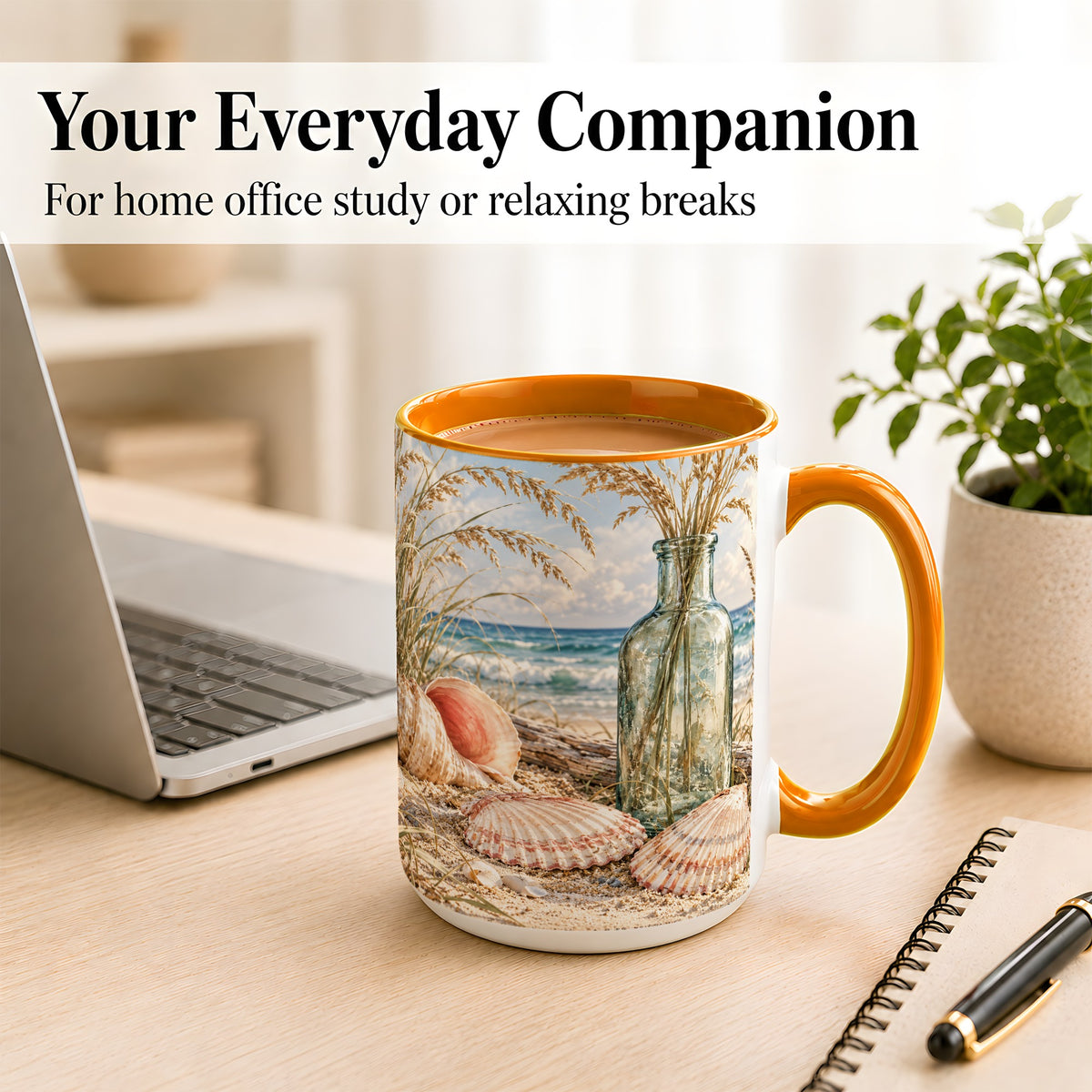 #pl[15oz|Orange] Sea Oats Seashell Coffee Mug, Coastal Bottle Mug, Ceramic Cup