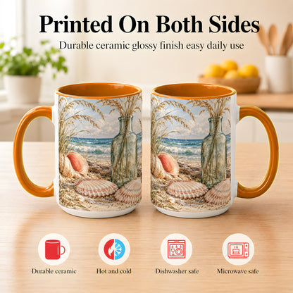 #pl[15oz|Orange] Sea Oats Seashell Coffee Mug, Coastal Bottle Mug, Ceramic Cup