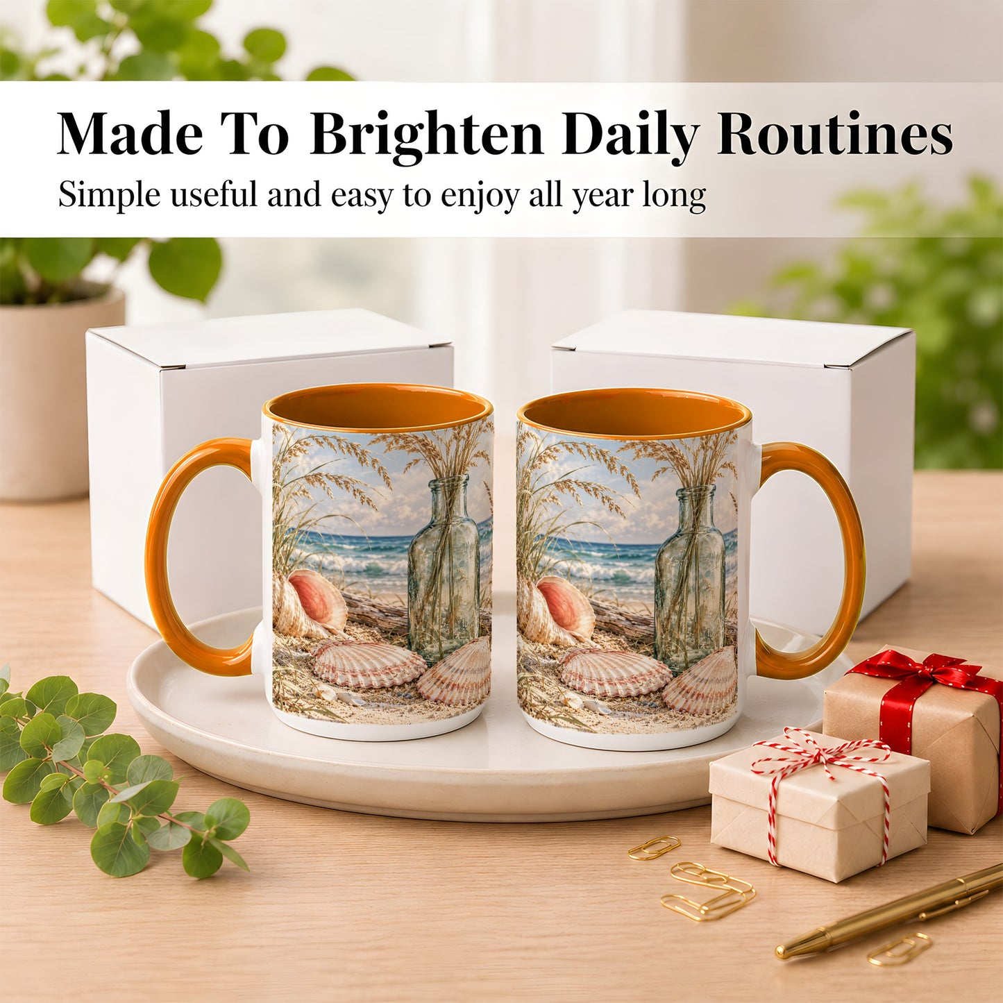 #pl[15oz|Orange] Sea Oats Seashell Coffee Mug, Coastal Bottle Mug, Ceramic Cup