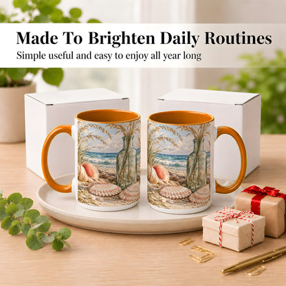 #pl[15oz|Orange] Sea Oats Seashell Coffee Mug, Coastal Bottle Mug, Ceramic Cup