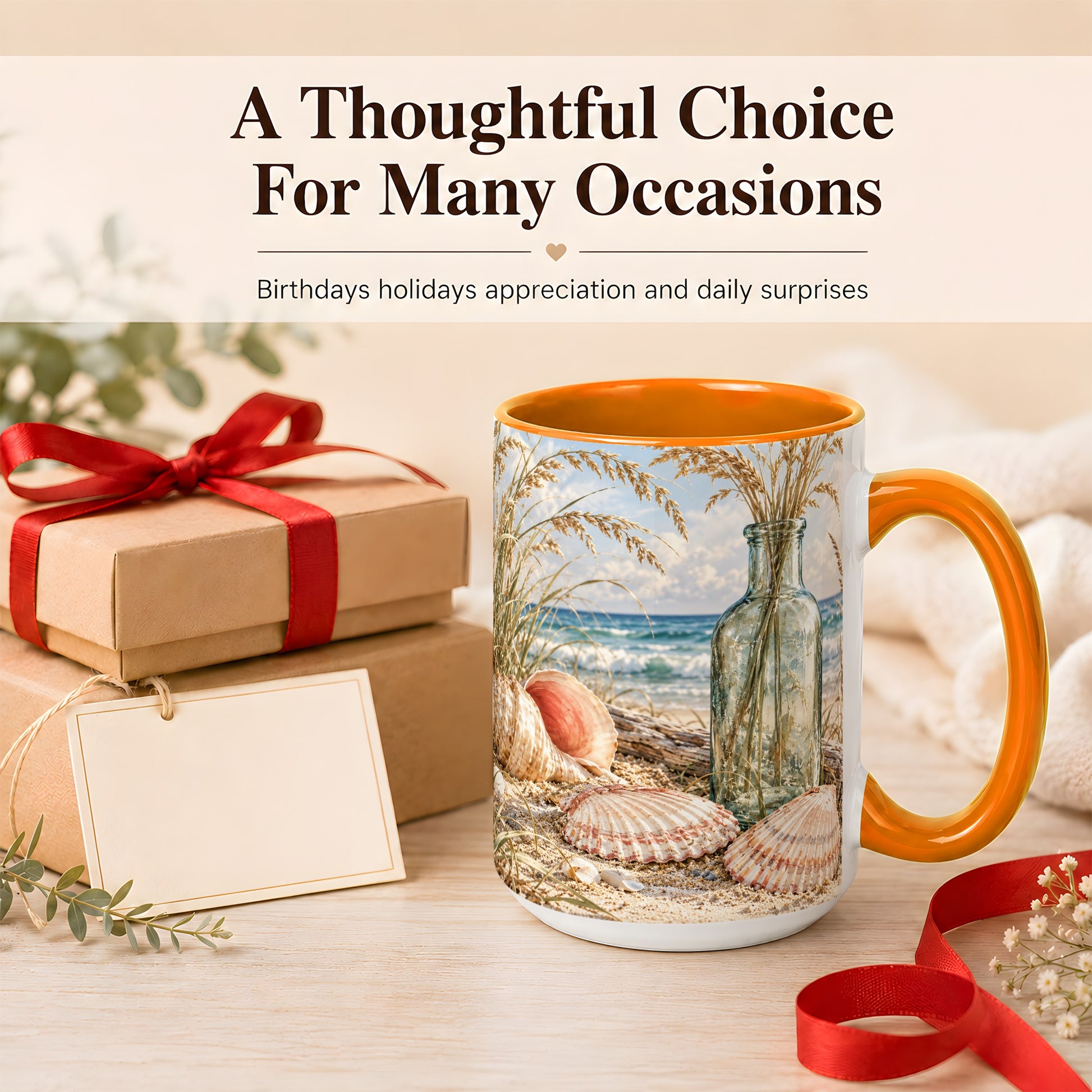 #pl[15oz|Orange] Sea Oats Seashell Coffee Mug, Coastal Bottle Mug, Ceramic Cup