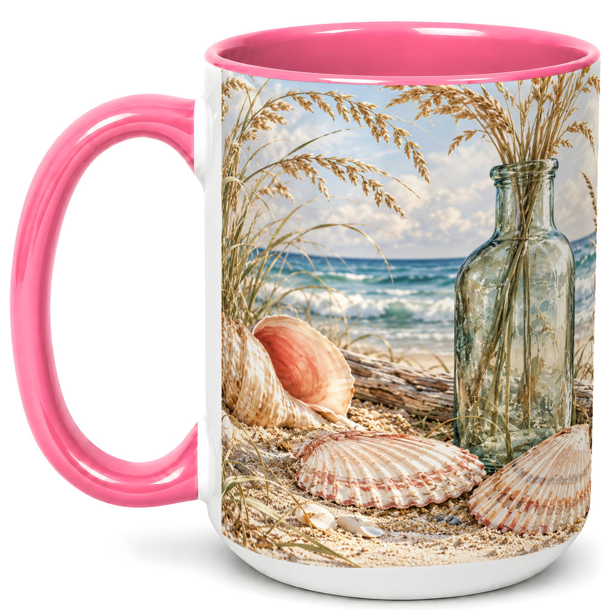 #pl[15oz|Pink] Sea Oats Seashell Coffee Mug, Coastal Bottle Mug, Ceramic Cup