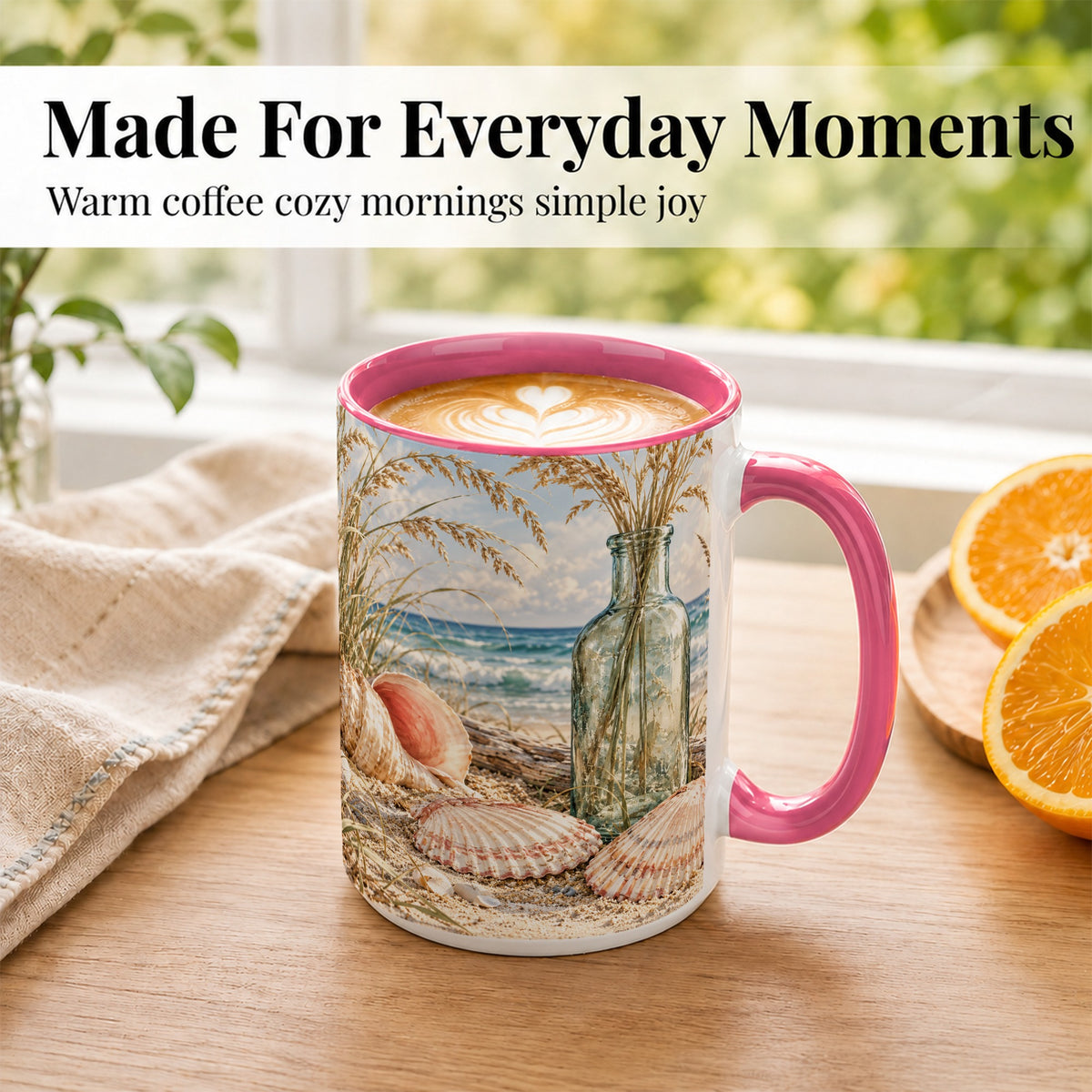 #pl[15oz|Pink] Sea Oats Seashell Coffee Mug, Coastal Bottle Mug, Ceramic Cup
