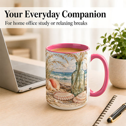 #pl[15oz|Pink] Sea Oats Seashell Coffee Mug, Coastal Bottle Mug, Ceramic Cup