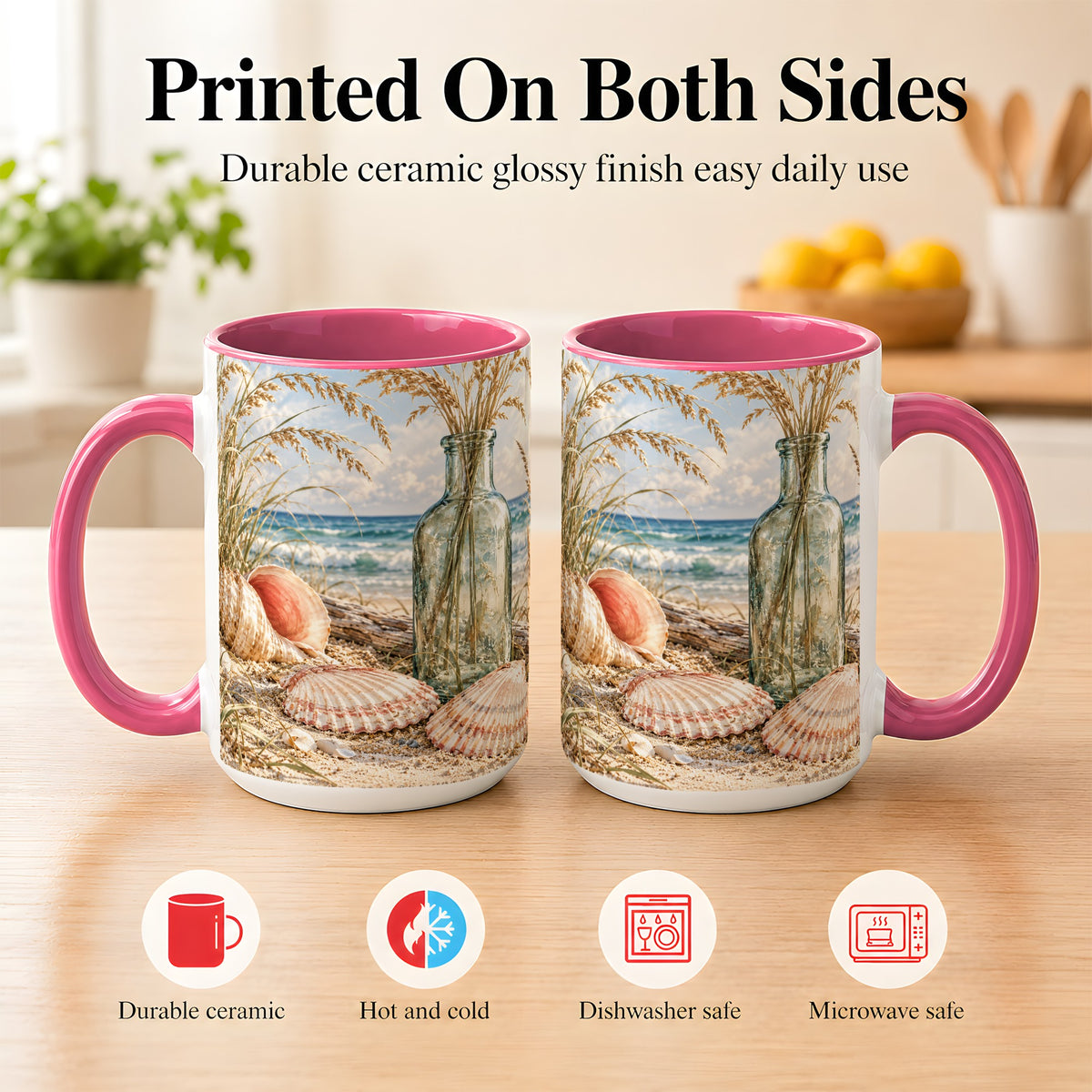 #pl[15oz|Pink] Sea Oats Seashell Coffee Mug, Coastal Bottle Mug, Ceramic Cup