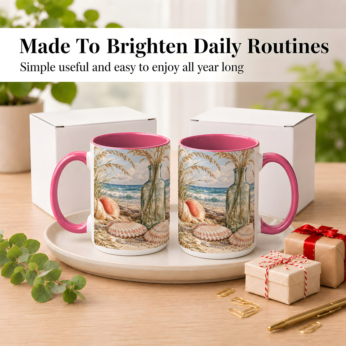 #pl[15oz|Pink] Sea Oats Seashell Coffee Mug, Coastal Bottle Mug, Ceramic Cup
