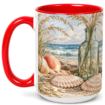 #pl[15oz|Red] Sea Oats Seashell Coffee Mug, Coastal Bottle Mug, Ceramic Cup