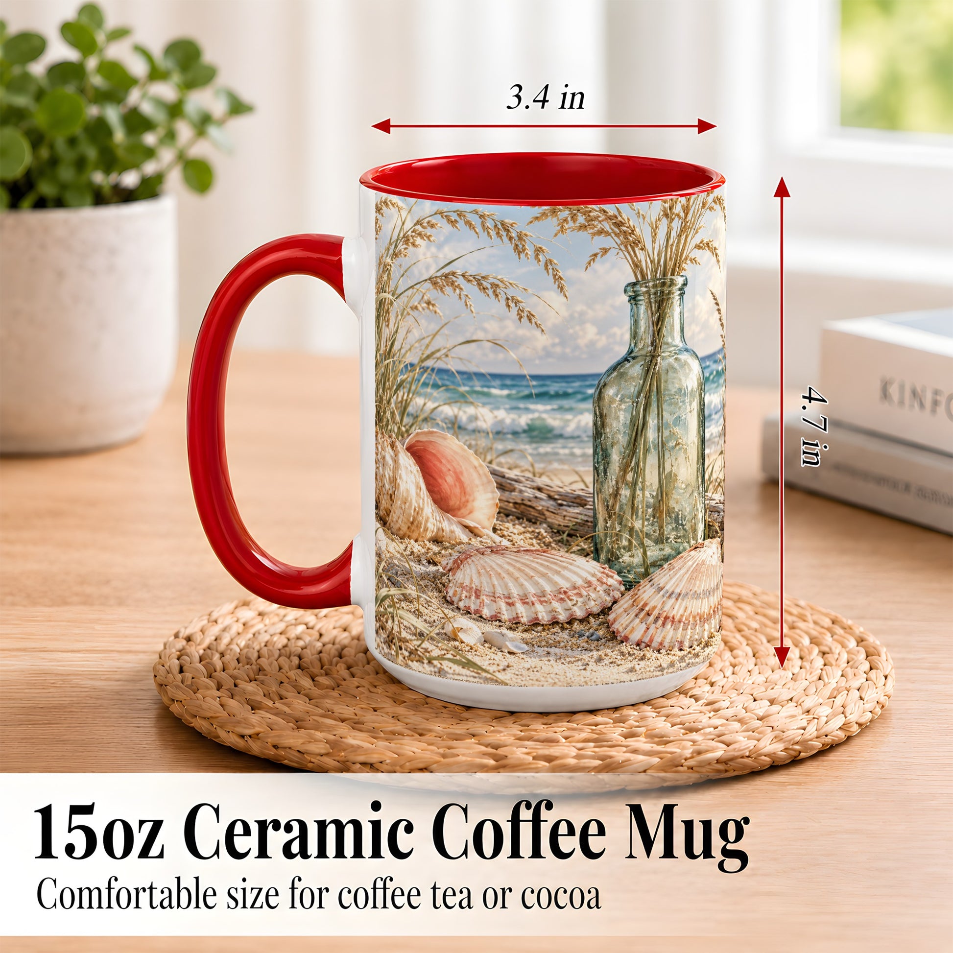 #pl[15oz|Red] Sea Oats Seashell Coffee Mug, Coastal Bottle Mug, Ceramic Cup