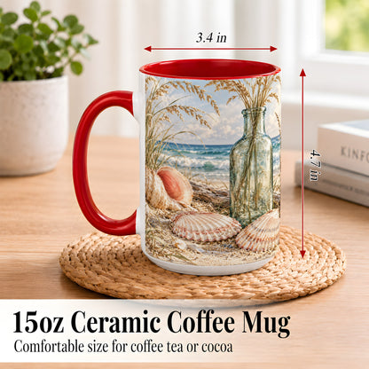 #pl[15oz|Red] Sea Oats Seashell Coffee Mug, Coastal Bottle Mug, Ceramic Cup