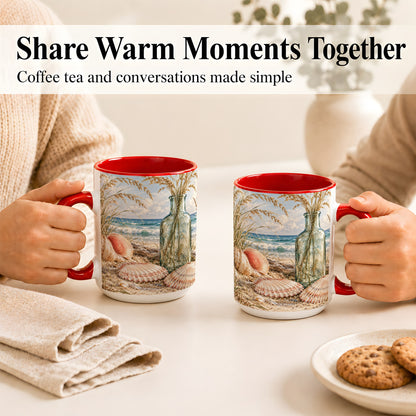 #pl[15oz|Red] Sea Oats Seashell Coffee Mug, Coastal Bottle Mug, Ceramic Cup