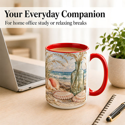 #pl[15oz|Red] Sea Oats Seashell Coffee Mug, Coastal Bottle Mug, Ceramic Cup