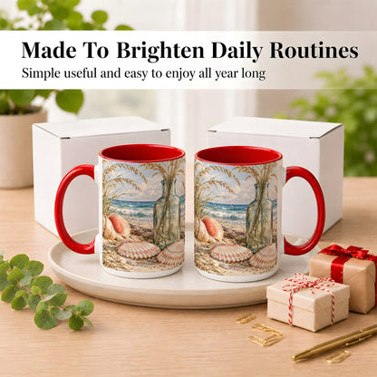 #pl[15oz|Red] Sea Oats Seashell Coffee Mug, Coastal Bottle Mug, Ceramic Cup