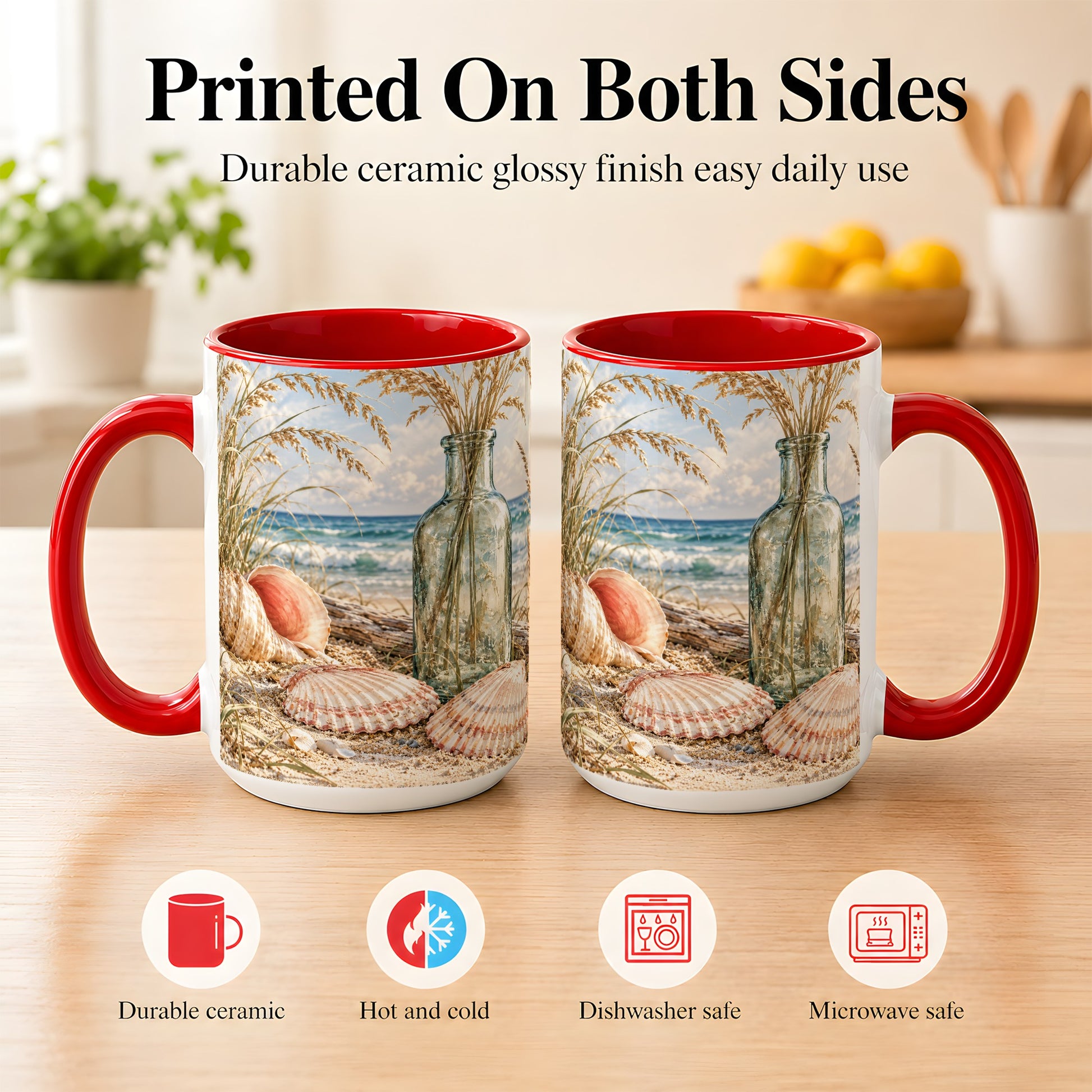 #pl[15oz|Red] Sea Oats Seashell Coffee Mug, Coastal Bottle Mug, Ceramic Cup