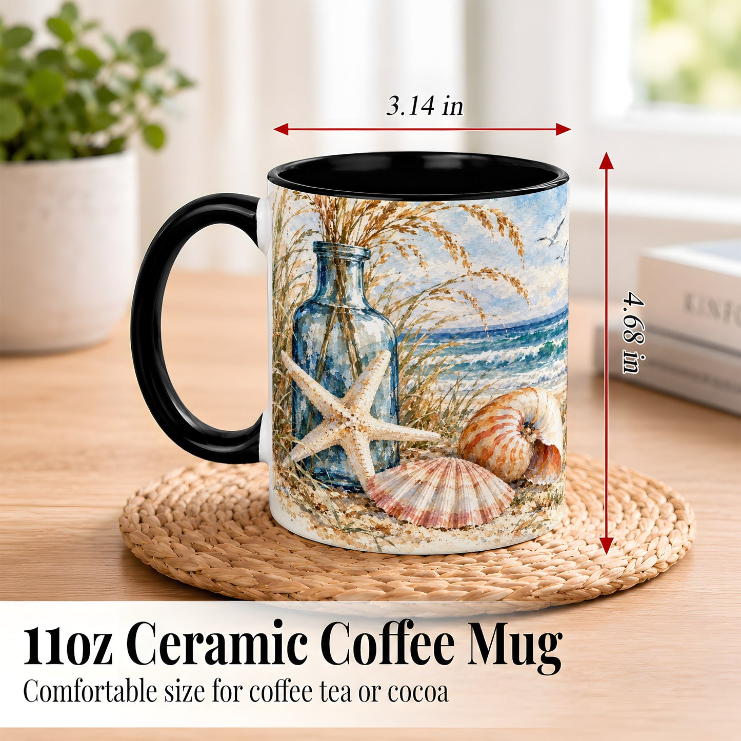 #pl[11oz|Black] Watercolor Seashell Coffee Mug, Starfish Beach Mug, Ceramic Cup