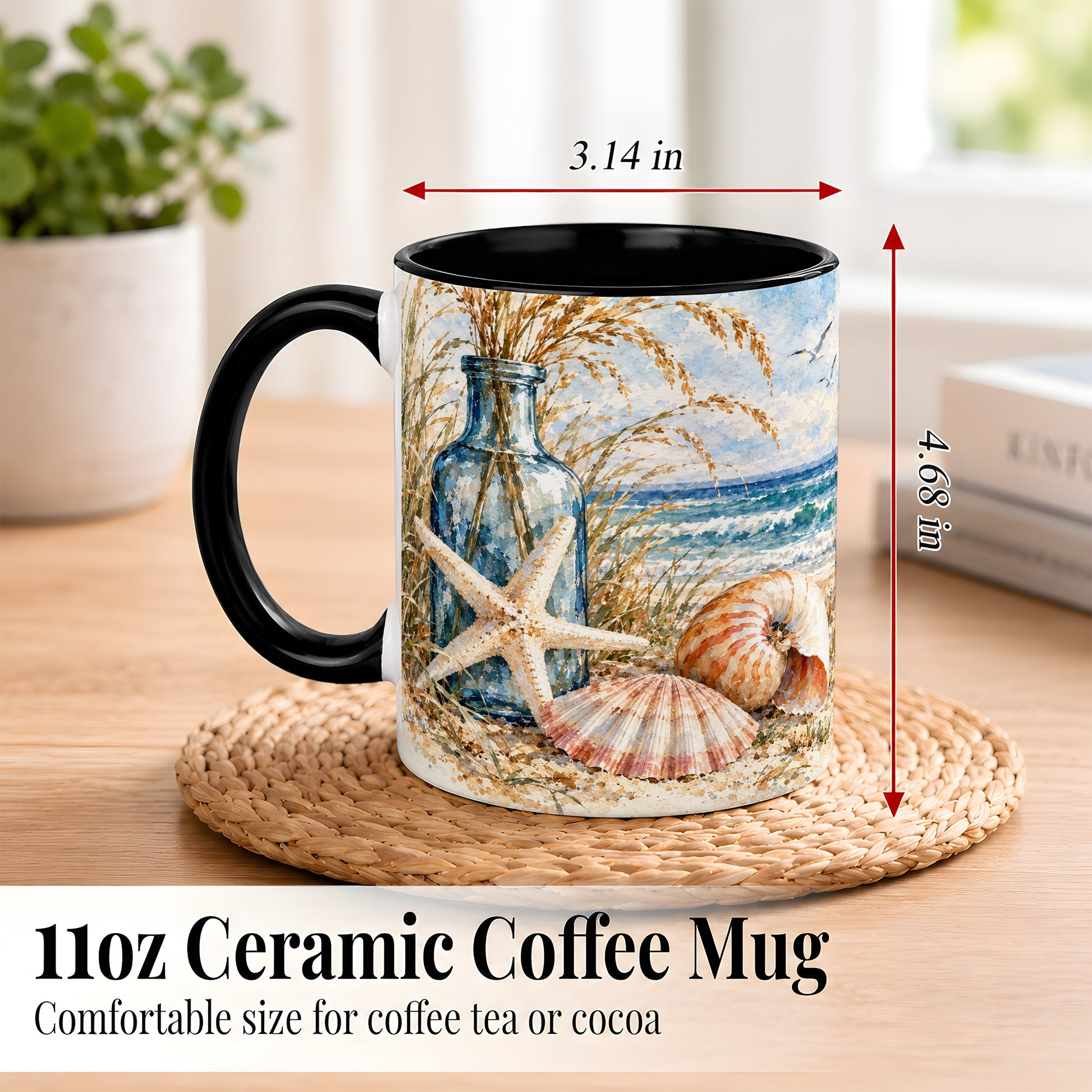 #pl[11oz|Black] Watercolor Seashell Coffee Mug, Starfish Beach Mug, Ceramic Cup