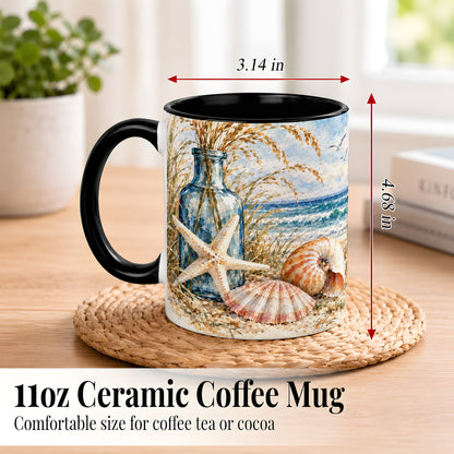 #pl[11oz|Black] Watercolor Seashell Coffee Mug, Starfish Beach Mug, Ceramic Cup