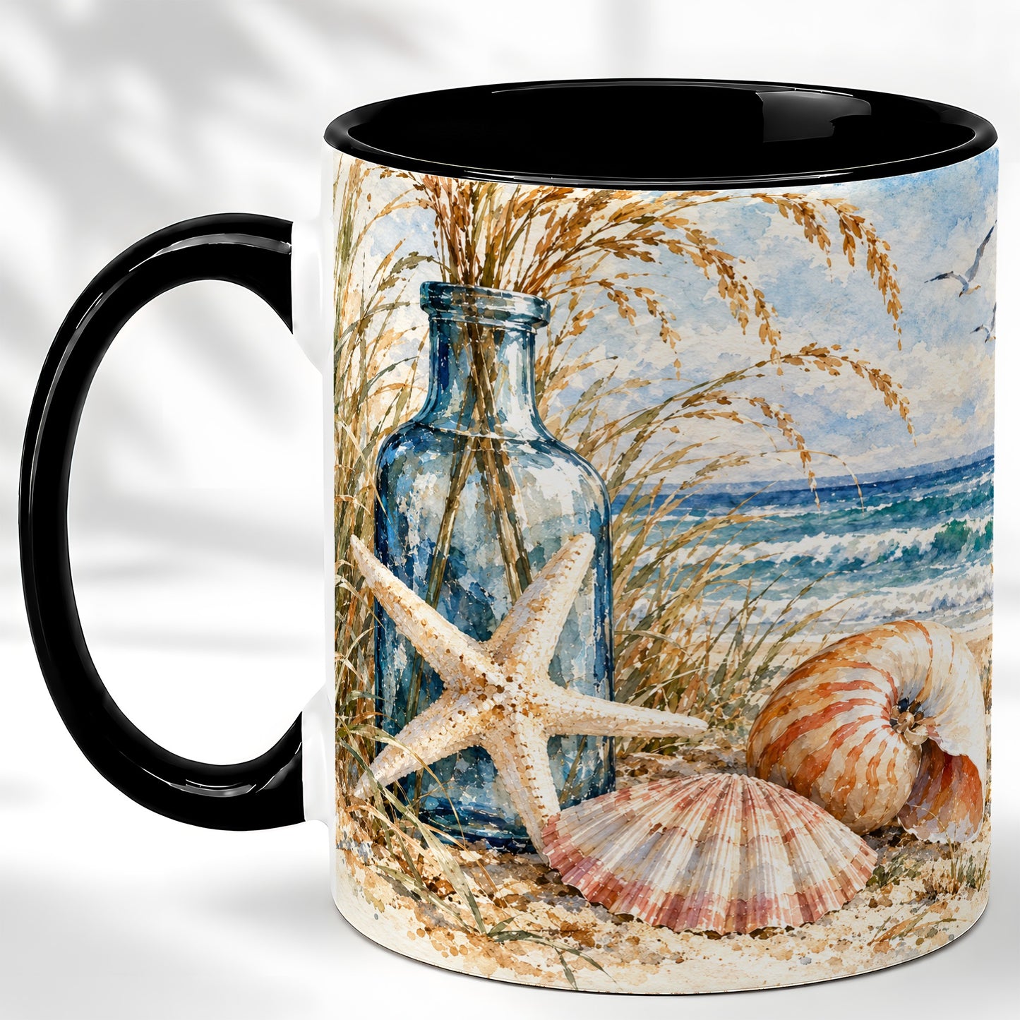 #pl[11oz|Black] Watercolor Seashell Coffee Mug, Starfish Beach Mug, Ceramic Cup