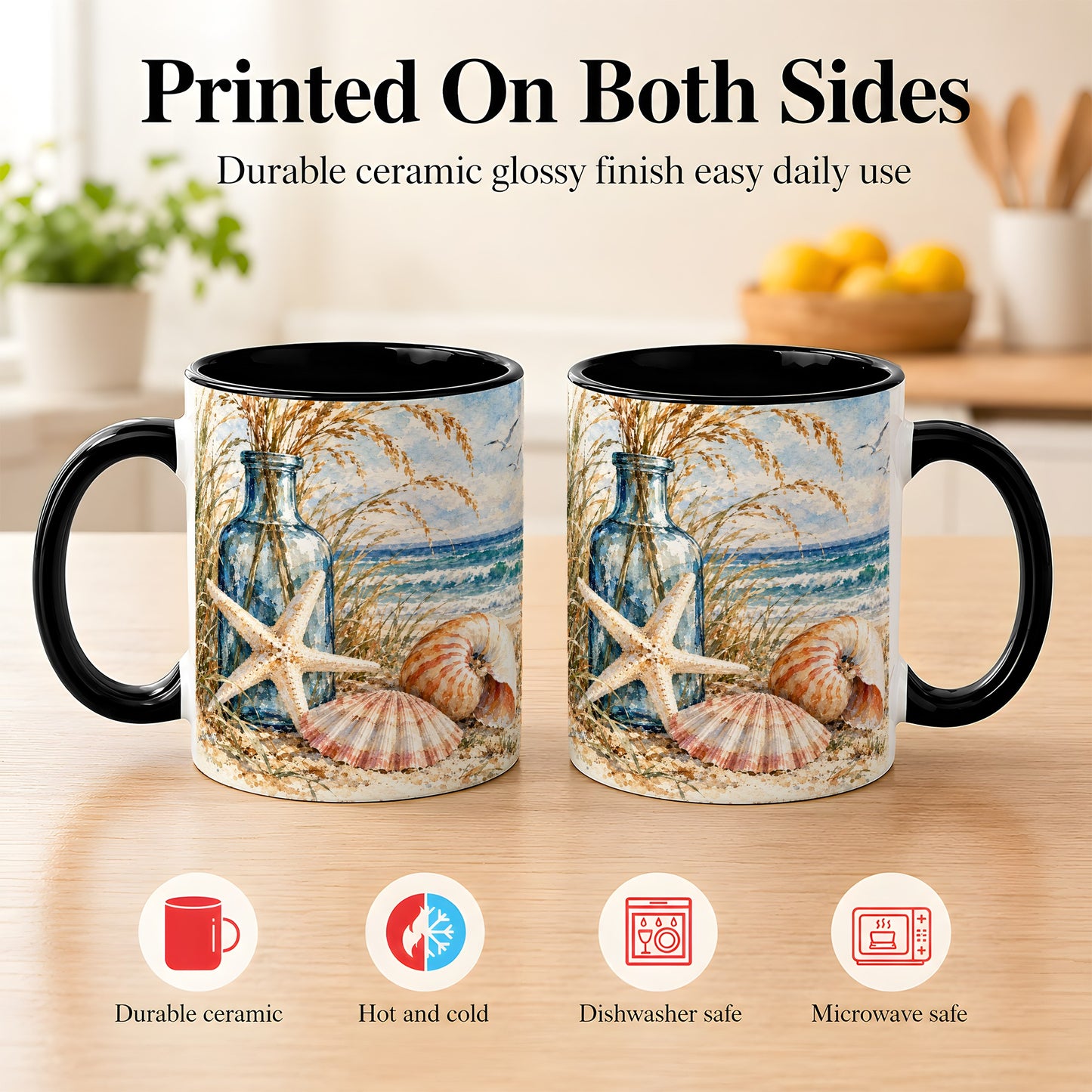 #pl[11oz|Black] Watercolor Seashell Coffee Mug, Starfish Beach Mug, Ceramic Cup