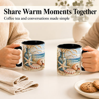 #pl[11oz|Black] Watercolor Seashell Coffee Mug, Starfish Beach Mug, Ceramic Cup