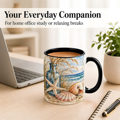 #pl[11oz|Black] Watercolor Seashell Coffee Mug, Starfish Beach Mug, Ceramic Cup