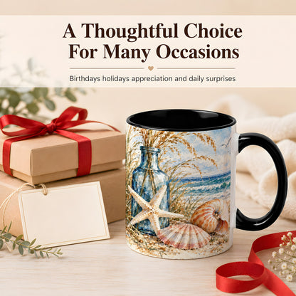 #pl[11oz|Black] Watercolor Seashell Coffee Mug, Starfish Beach Mug, Ceramic Cup