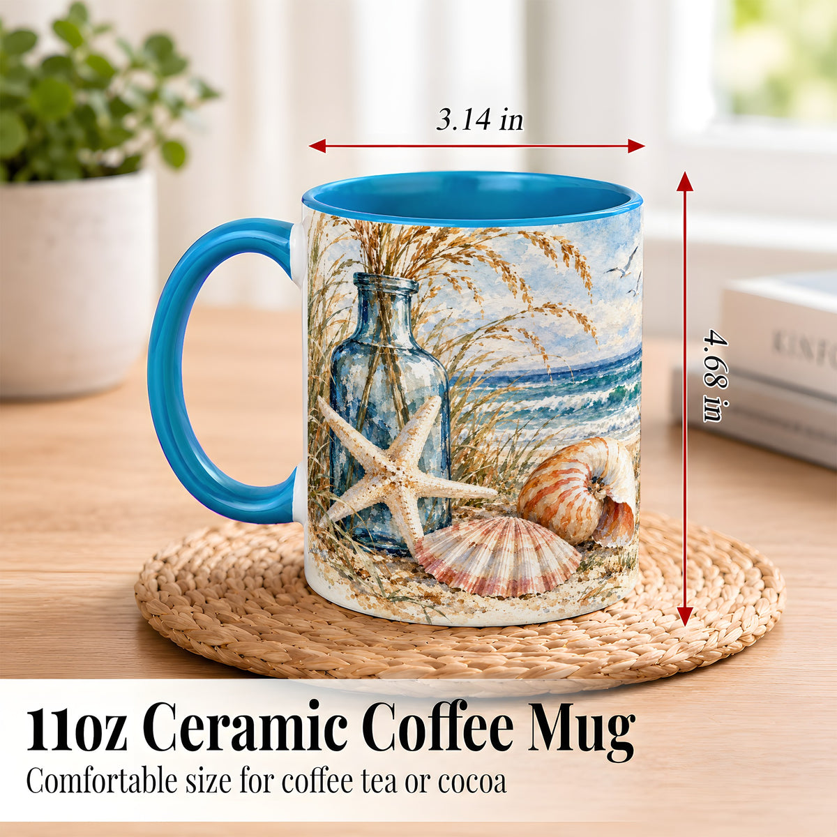 #pl[11oz|Blue] Watercolor Seashell Coffee Mug, Starfish Beach Mug, Ceramic Cup