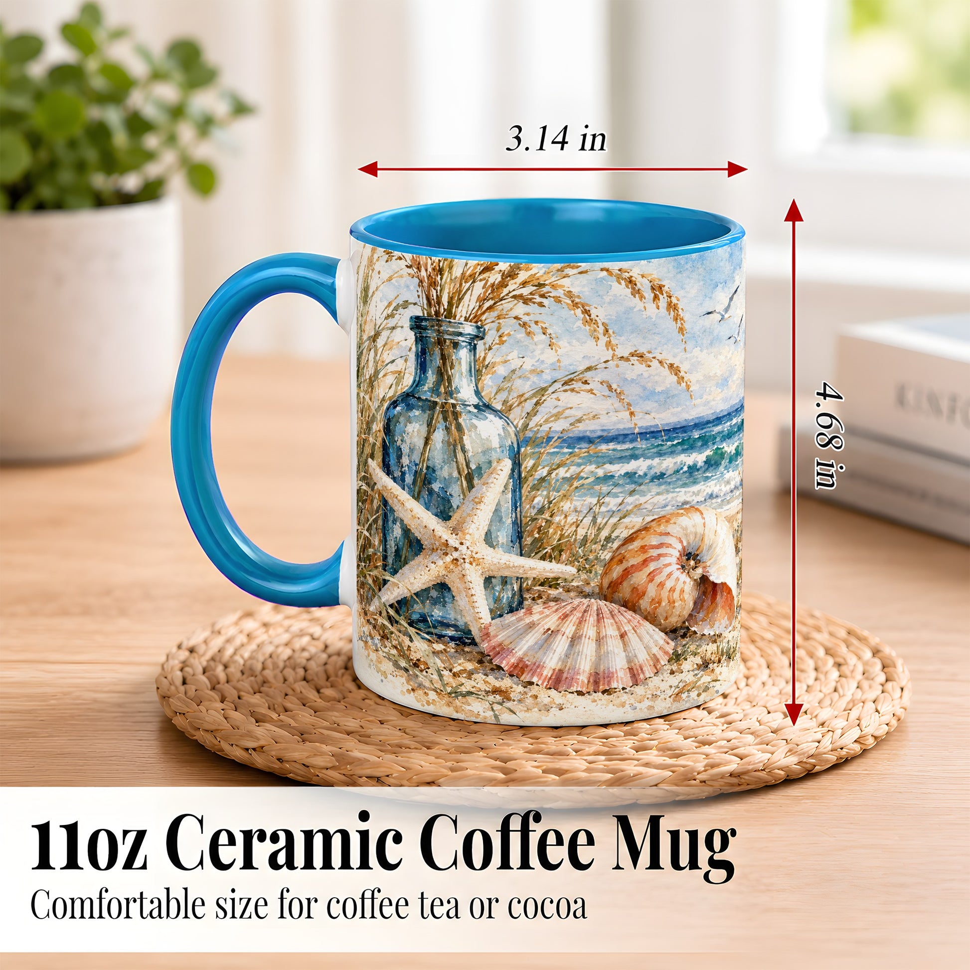 #pl[11oz|Blue] Watercolor Seashell Coffee Mug, Starfish Beach Mug, Ceramic Cup