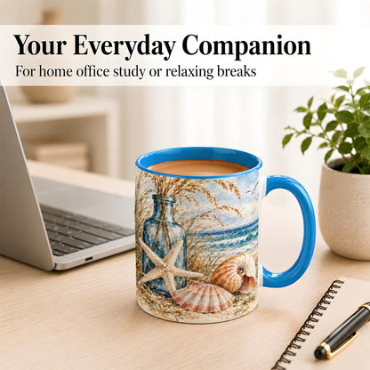 #pl[11oz|Blue] Watercolor Seashell Coffee Mug, Starfish Beach Mug, Ceramic Cup