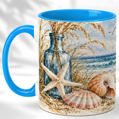 #pl[11oz|Blue] Watercolor Seashell Coffee Mug, Starfish Beach Mug, Ceramic Cup