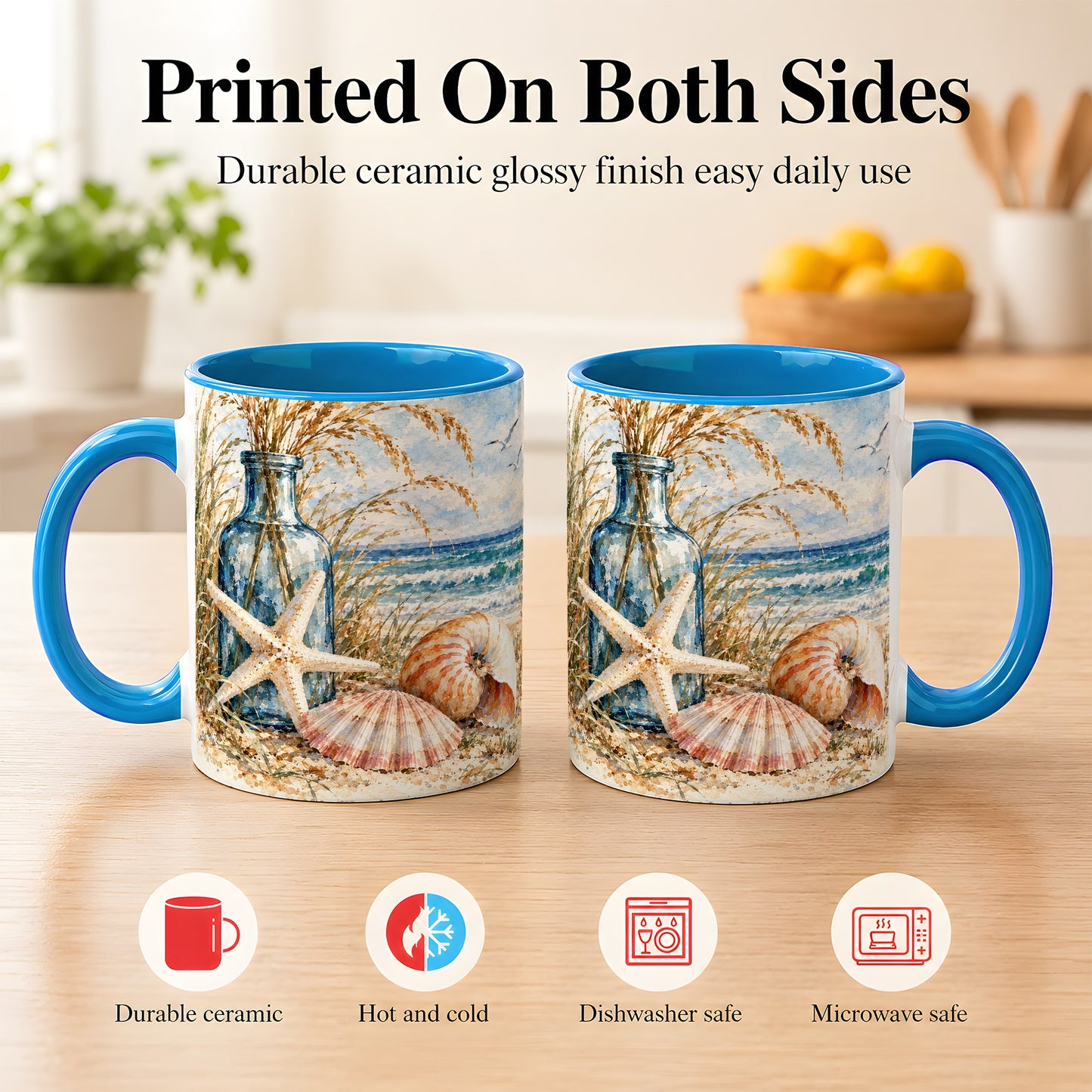 #pl[11oz|Blue] Watercolor Seashell Coffee Mug, Starfish Beach Mug, Ceramic Cup