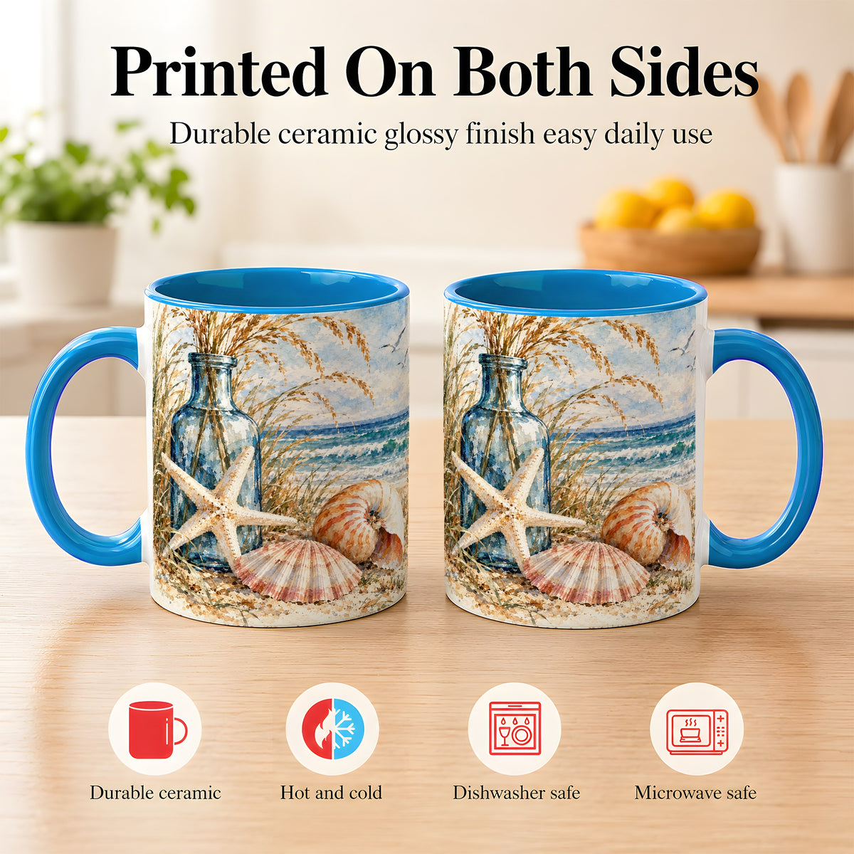#pl[11oz|Blue] Watercolor Seashell Coffee Mug, Starfish Beach Mug, Ceramic Cup