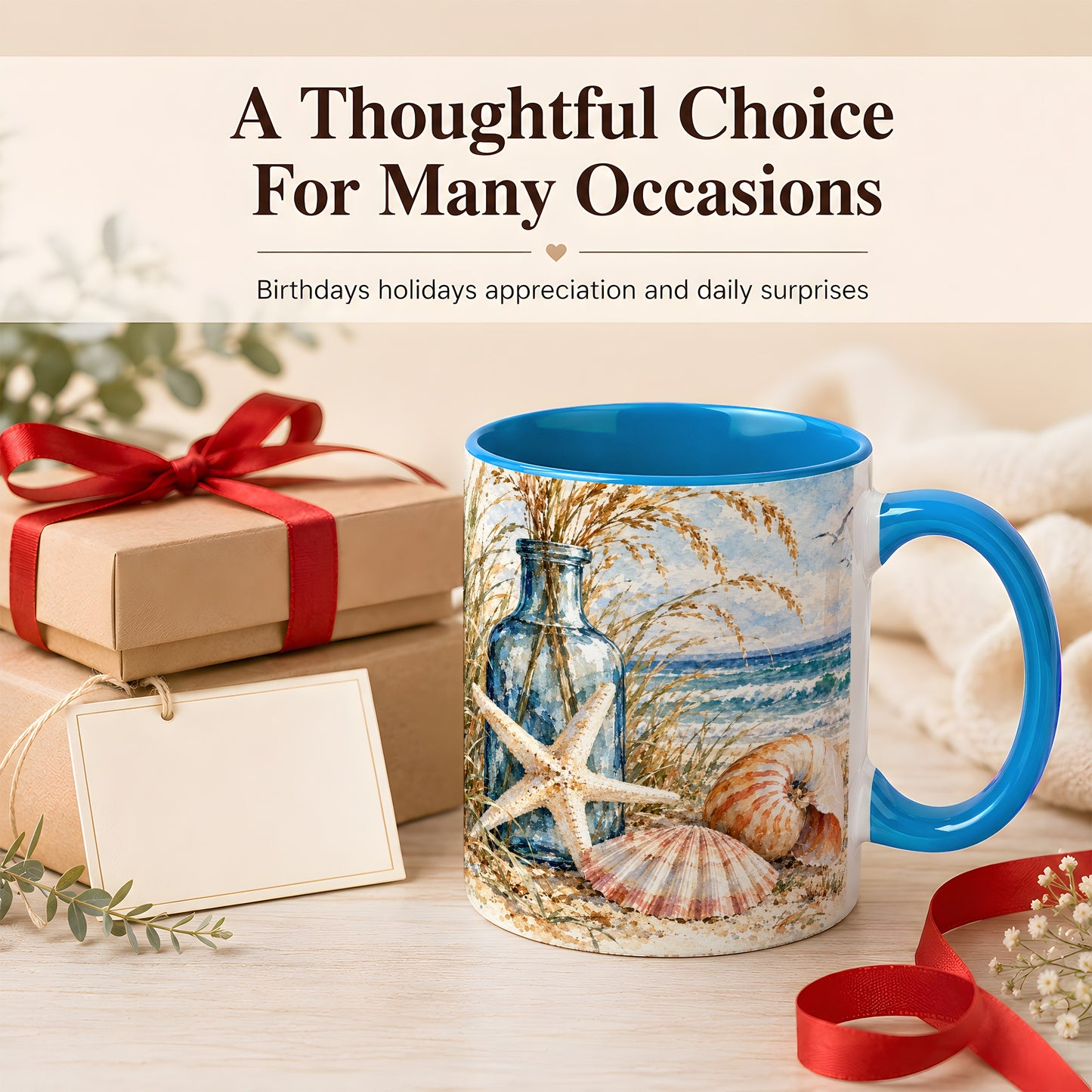 #pl[11oz|Blue] Watercolor Seashell Coffee Mug, Starfish Beach Mug, Ceramic Cup