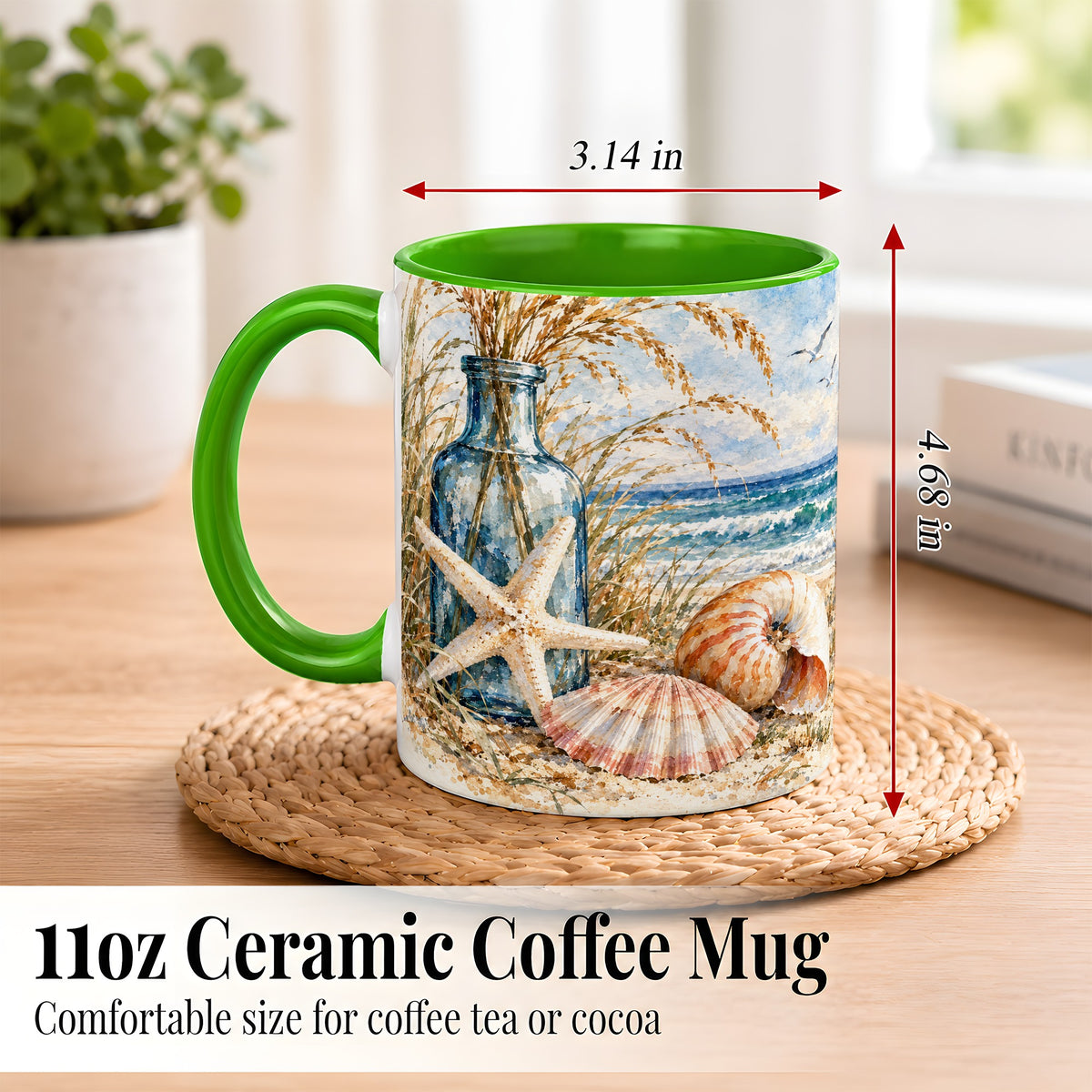 #pl[11oz|Green] Watercolor Seashell Coffee Mug, Starfish Beach Mug, Ceramic Cup