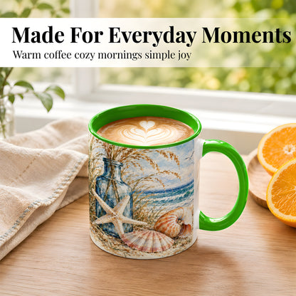 #pl[11oz|Green] Watercolor Seashell Coffee Mug, Starfish Beach Mug, Ceramic Cup