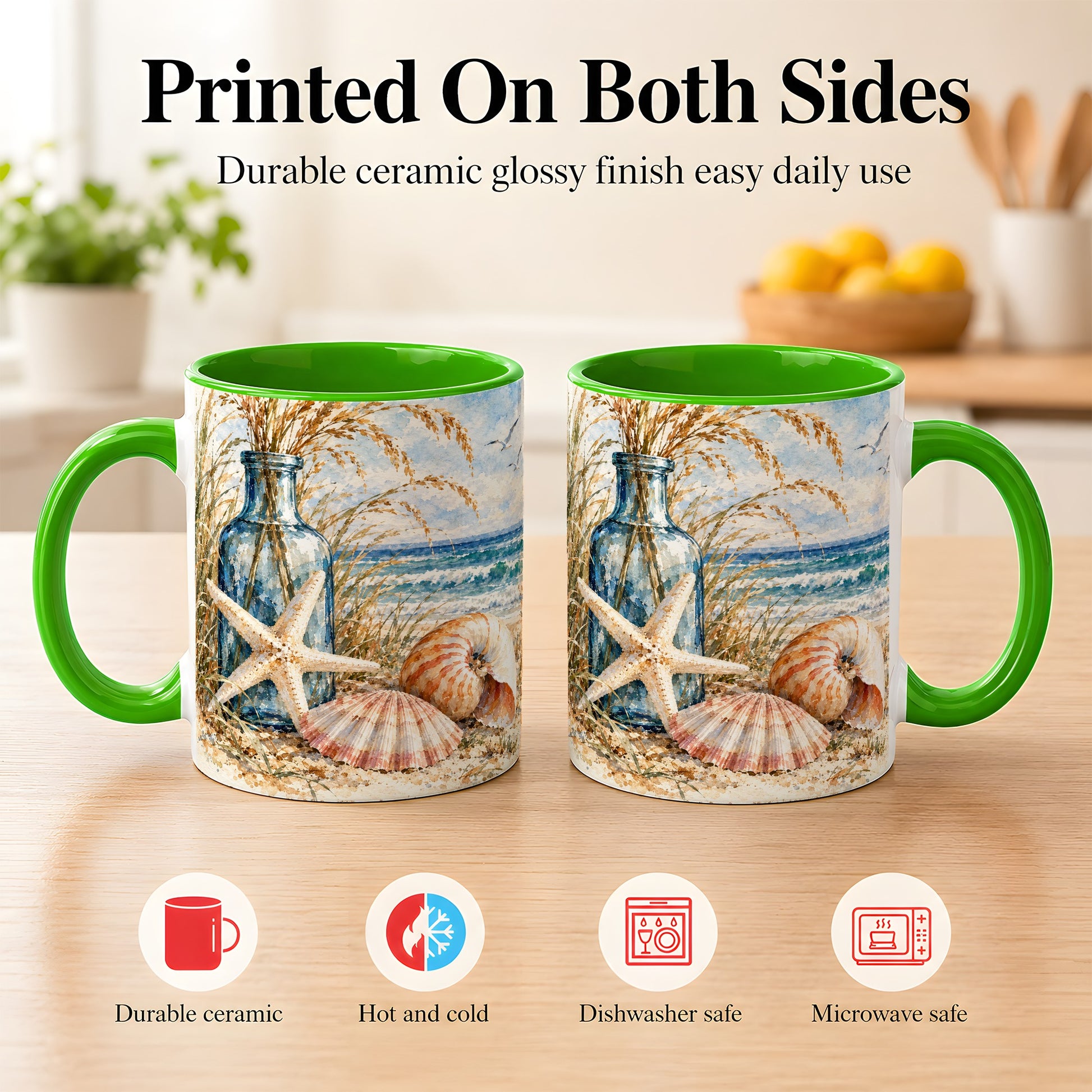#pl[11oz|Green] Watercolor Seashell Coffee Mug, Starfish Beach Mug, Ceramic Cup