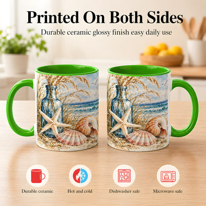 #pl[11oz|Green] Watercolor Seashell Coffee Mug, Starfish Beach Mug, Ceramic Cup