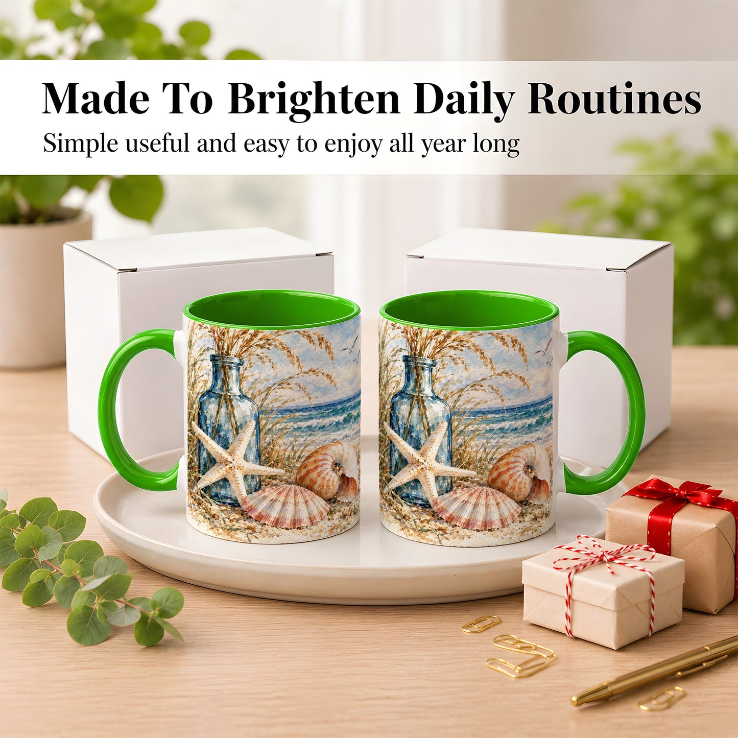 #pl[11oz|Green] Watercolor Seashell Coffee Mug, Starfish Beach Mug, Ceramic Cup
