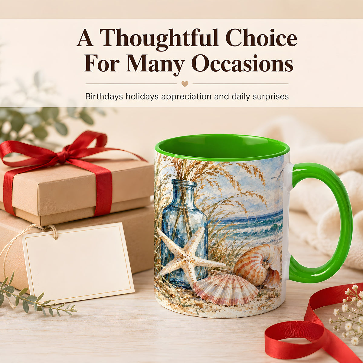 #pl[11oz|Green] Watercolor Seashell Coffee Mug, Starfish Beach Mug, Ceramic Cup