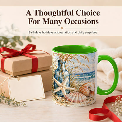 #pl[11oz|Green] Watercolor Seashell Coffee Mug, Starfish Beach Mug, Ceramic Cup