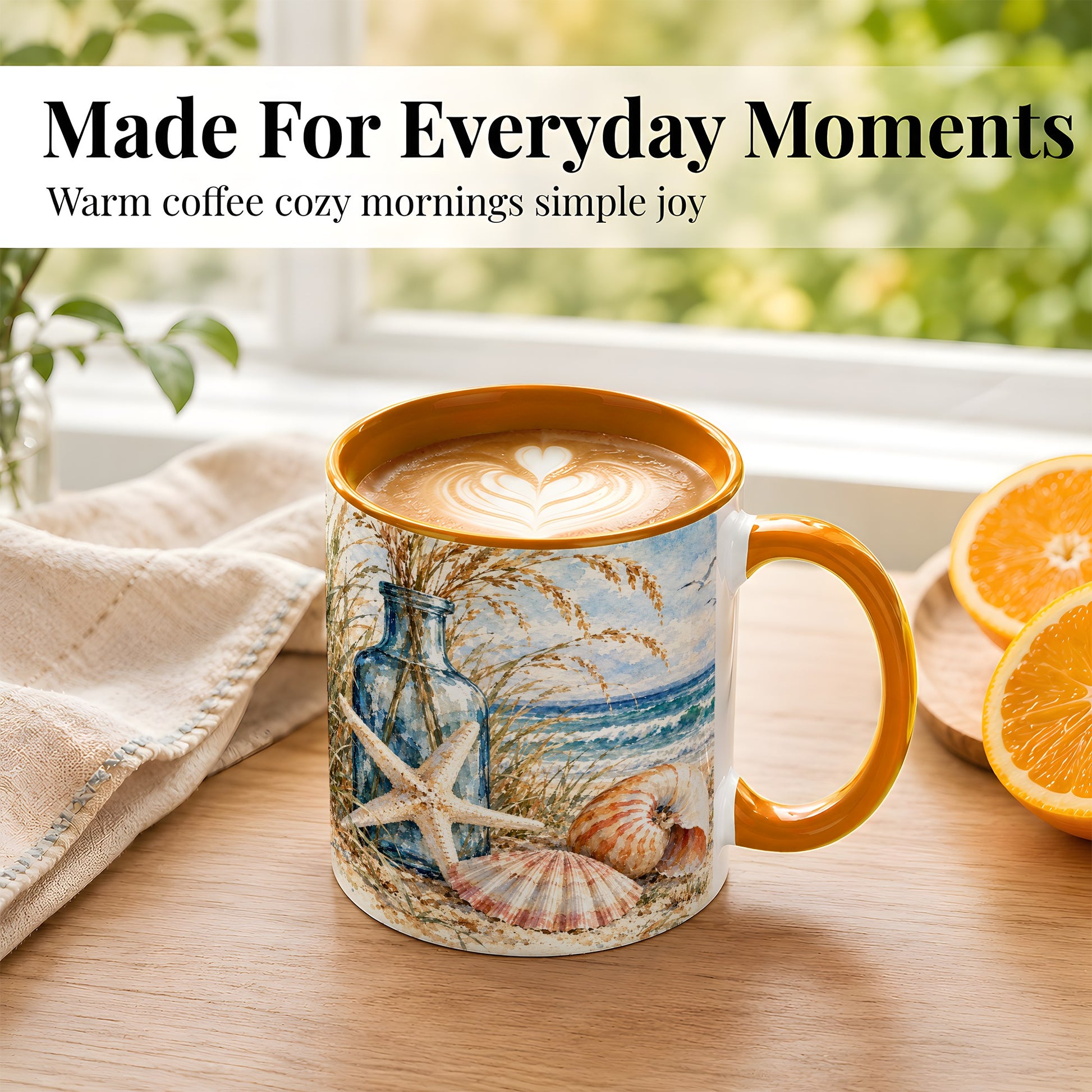 #pl[11oz|Orange] Watercolor Seashell Coffee Mug, Starfish Beach Mug, Ceramic Cup