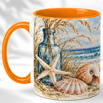 #pl[11oz|Orange] Watercolor Seashell Coffee Mug, Starfish Beach Mug, Ceramic Cup