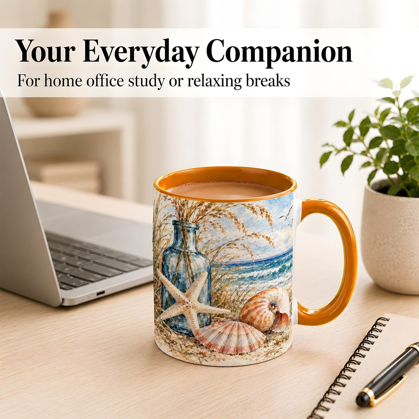 #pl[11oz|Orange] Watercolor Seashell Coffee Mug, Starfish Beach Mug, Ceramic Cup